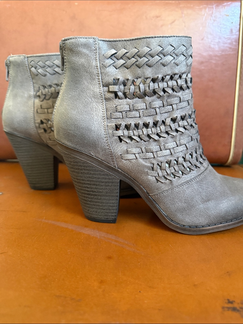 Fergalicious Taupe Brown Woven-Detail Ankle Booties - Picture 2 of 8